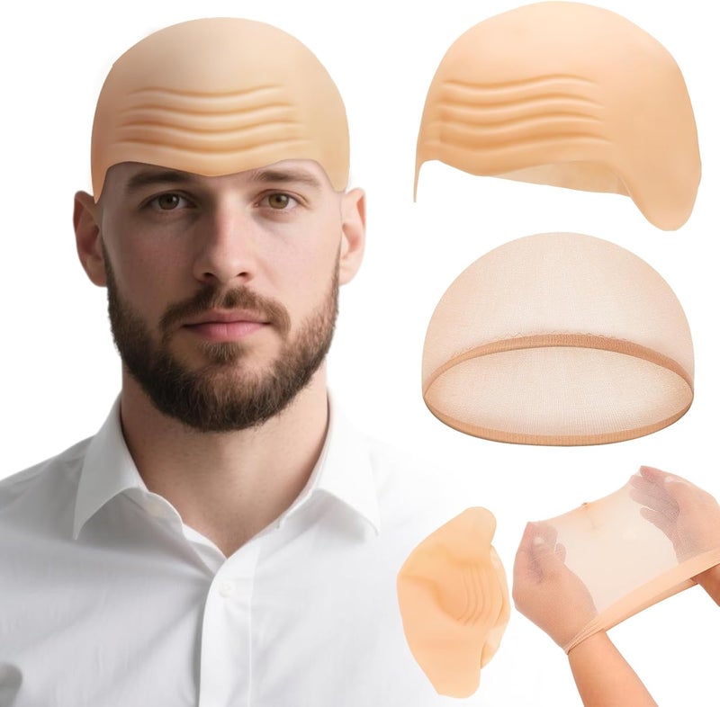 JOLYEAK 2 pcs Bald Caps Latex Bald Cap with Nylon Wig Caps Makeup Costume Accessories Adult Cosplay Party Supplies - Image 1